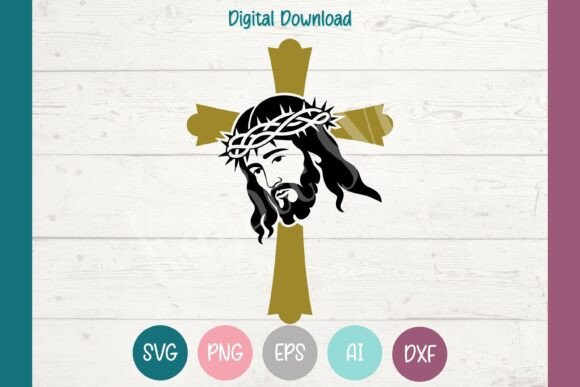 Golden Cross with Jesus Face SVG PNG EPS for Crafts